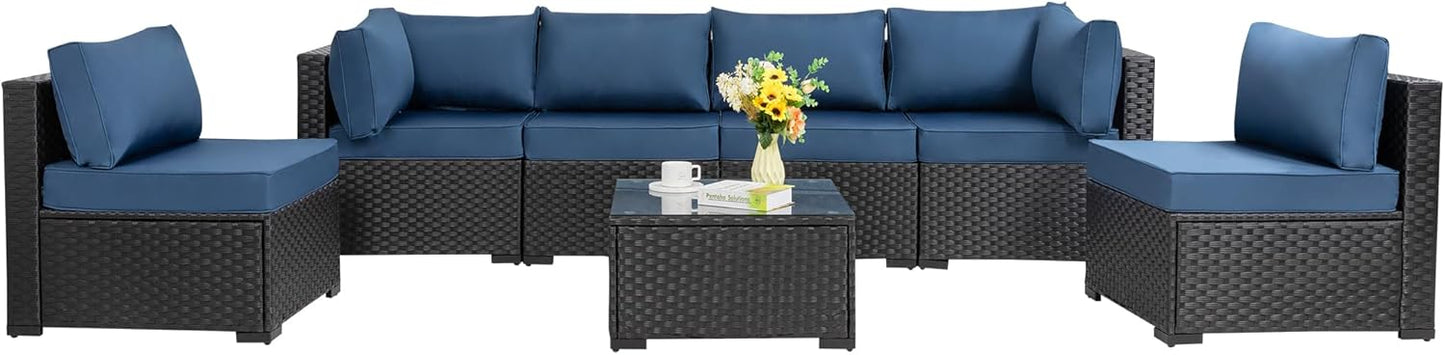 Shintenchi 7 Pieces Outdoor Patio Sectional Sofa Couch, Black Wicker Furniture Conversation Sets with Washable Cushions & Glass Coffee Table for Garden, Poolside, Backyard (Aegean Blue)