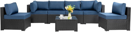 Shintenchi 7 Pieces Outdoor Patio Sectional Sofa Couch, Black Wicker Furniture Conversation Sets with Washable Cushions & Glass Coffee Table for Garden, Poolside, Backyard (Aegean Blue)