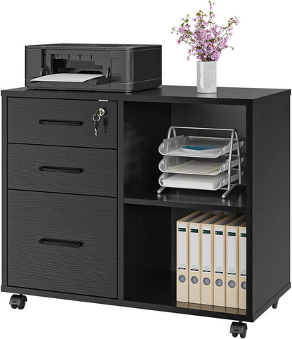 Panana-3 Drawer Office File Cabinets, Mobile Lateral Printer Stand with Open Storage Shelf, Rolling Filing Cabinet with Wheels Home Office Organization and Storage (Black)