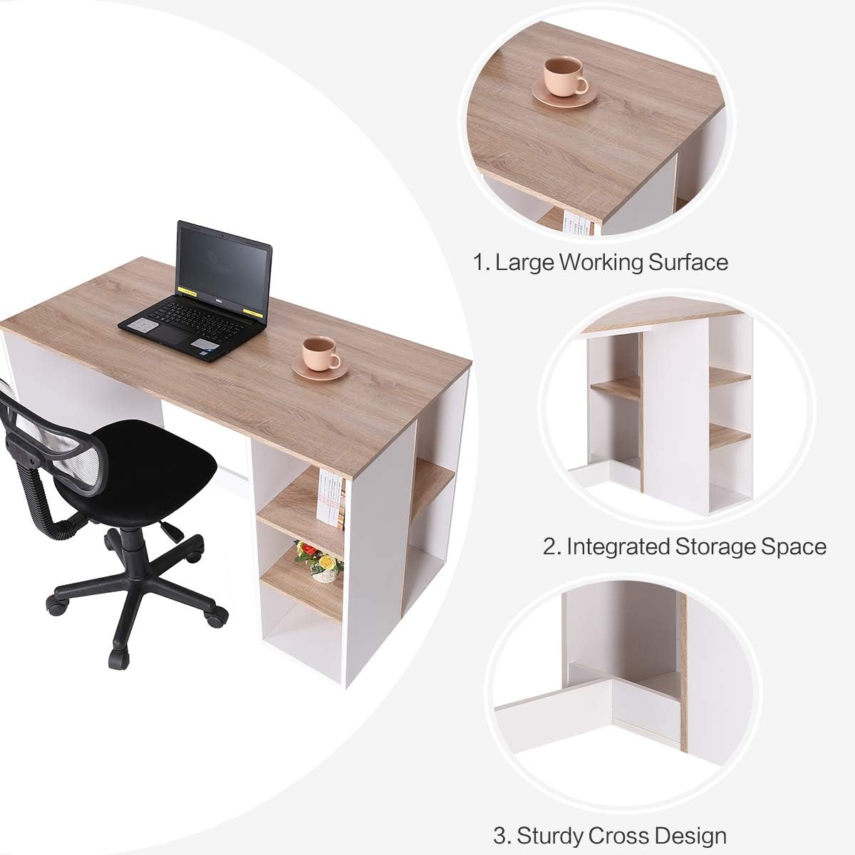 Writing Computer Desk with Storage, Large Study Desk with 5 Shelves Home Office Table Wood Computer Workstation with Integrated Bookcaseï¼ŒBeech & White,Multicolor