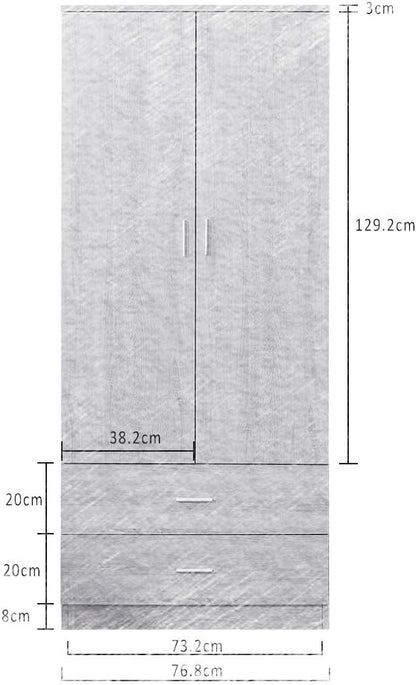 Panana Tall Wooden 2 Door Wardrobe With 2 Drawers Bedroom Storage Units With Hanging Bar Clothes (White1)