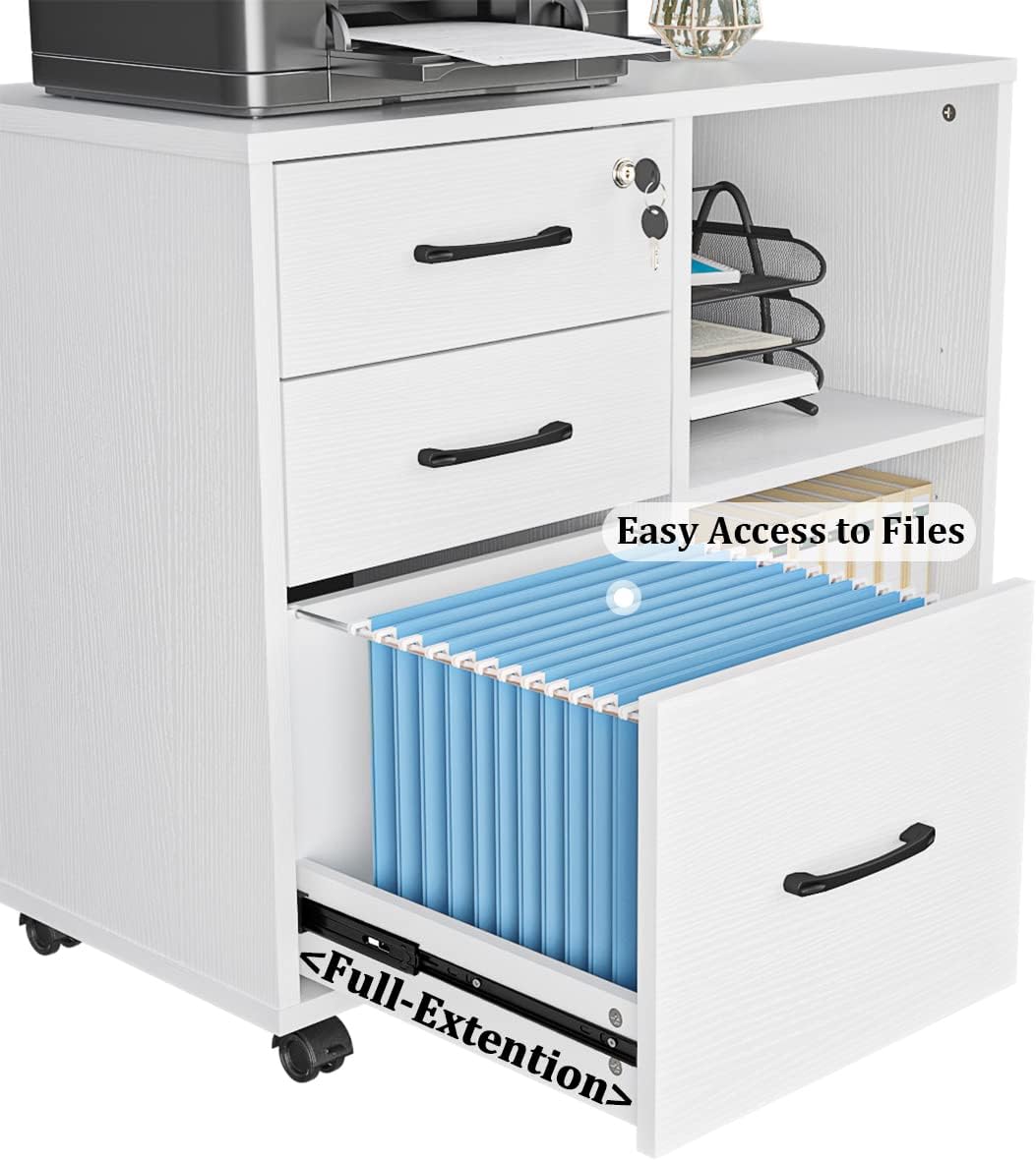 Panana 3 Drawer Office File Cabinets, Mobile Lateral Printer Stand with Open Storage Shelf, Rolling Filing Cabinet with Wheels Home Office Organization and Storage (White)