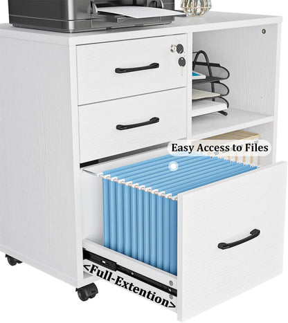Panana 3 Drawer Office File Cabinets, Mobile Lateral Printer Stand with Open Storage Shelf, Rolling Filing Cabinet with Wheels Home Office Organization and Storage (White)