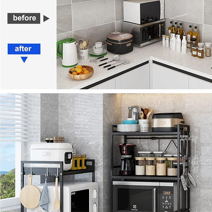 Peniogar Microwave Shelf 2 Tier Expandable and Height Adjustable Microwave Oven Rack Oven Countertop Stand Kitchen Counter Shelf with 3 Hooks Black