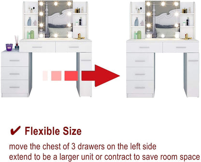AWOOOD White Dressing Table, Vanity Set with Light Bulbs, Sliding Mirror & Cushioned Stool, 5 Drawers, Contemporary Style, Engineered Wood