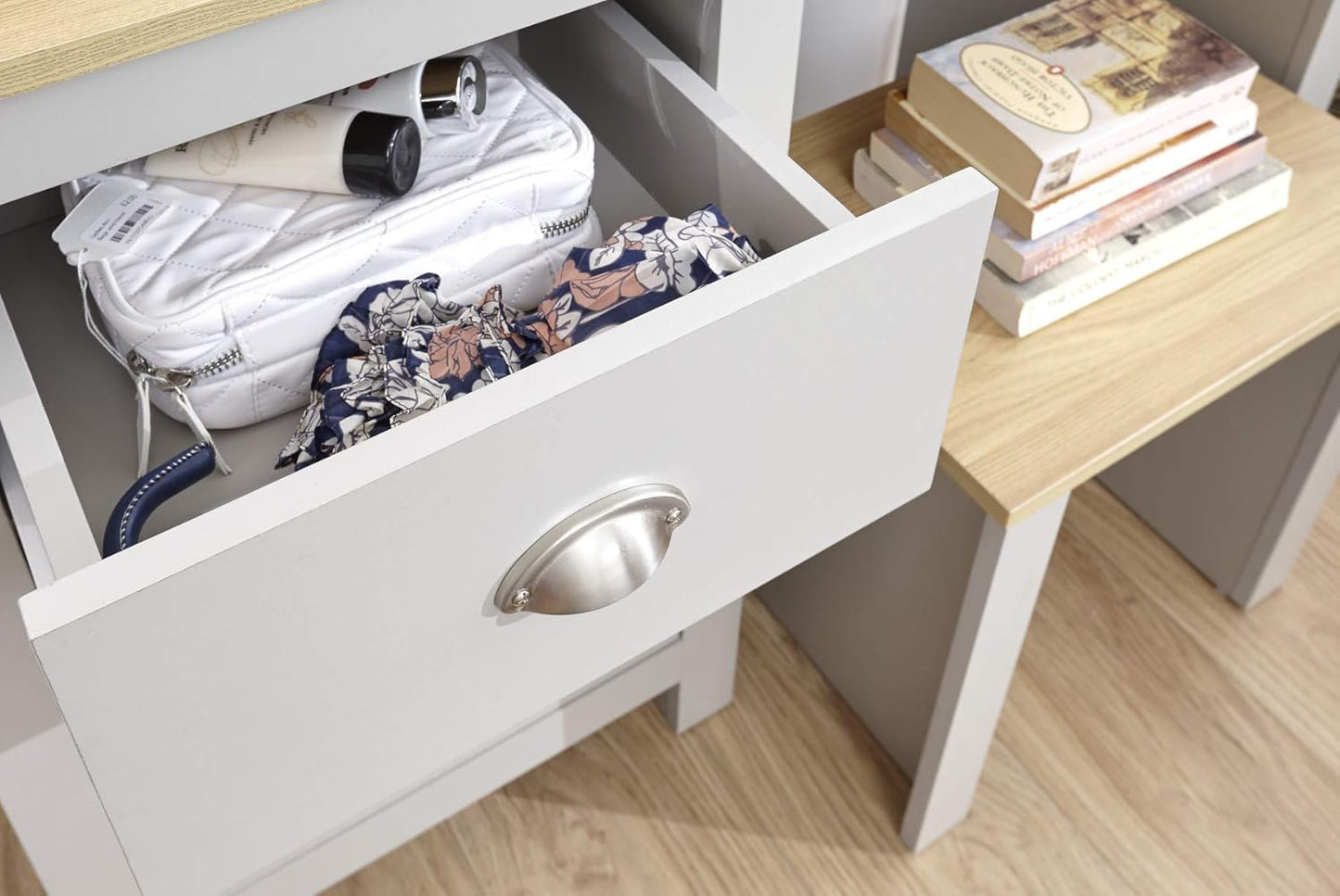 FurniFlex Grey Dressing Set with Mirror and Stool Jewellery Table, 3 Drawer