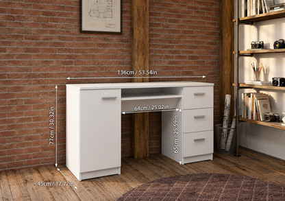 Modern Computer Desk with Storage Cabinet & 3 Drawers – Home Office Writing Desk, White