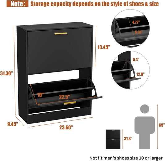 JOZZBY Shoe Cabinet for Entryway, Black Slim Shoe Cabinet with 2 Flip Drawers Narrow Shoe Storage Cabinet 2 Tier Freestanding Shoe Organizer for Entryway, Hallway, Living Room