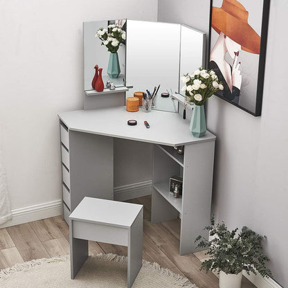 Panana Dressing Table MDF Corner Makeup Table with 3 Mirrors, 5 Drawers, 1 Compatiment and Bedroom Stool, 109 cm (L) x 55 cm (W) x 140 cm (H) (Grey)