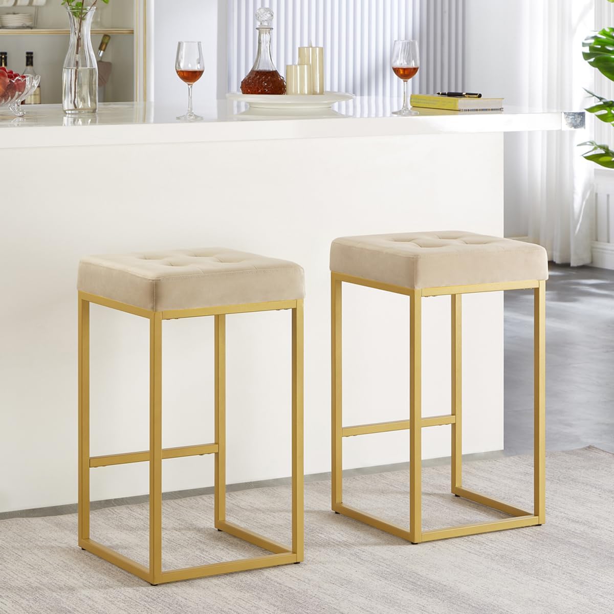 24KF Contemporary Counter Height Bar Stool Set of 2 for Kitchen Island, 26" H Velvet Padded Gold Barstool Bar Chair 5066-Taupe