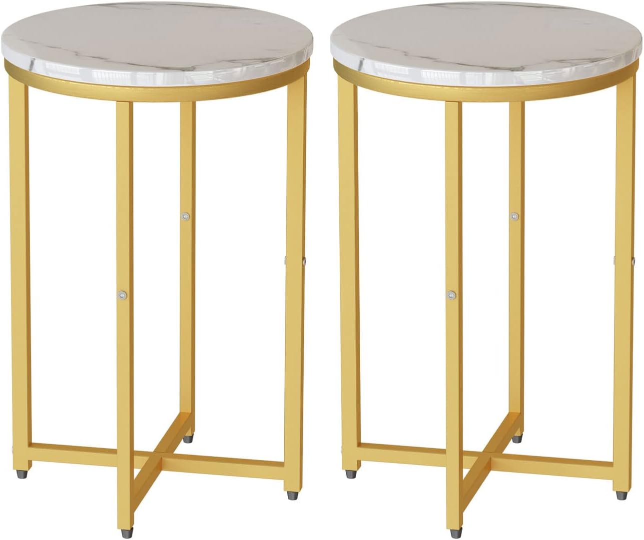 AWQM Round Side Table Set of 2, Modern Nightstand Faux Marble Accent Coffee Table for Living Room, Bedroom, Home & Office (White & Gold)