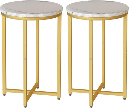 AWQM Round Side Table Set of 2, Modern Nightstand Faux Marble Accent Coffee Table for Living Room, Bedroom, Home & Office (White & Gold)