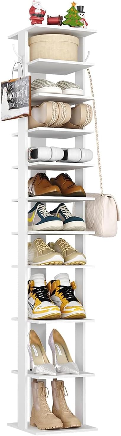 HOME BI Narrow Shoe Rack, 10-Tier Wood Shoe Shelf, Vertical Shoe Storage Cabinet, Entryway Shoe Tower, Shoes Organizer Perfect for Narrow Closet, Hallway, Bedroom, Rustic Brown