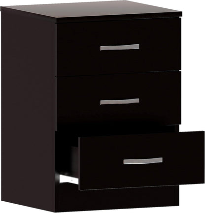 Vida Designs Large Black Bedside Cabinet Chest of Drawers, 3 Drawer With Metal Handles and Runners, Unique Anti-Bowing Drawer Support, Riano Bedroom Furniture