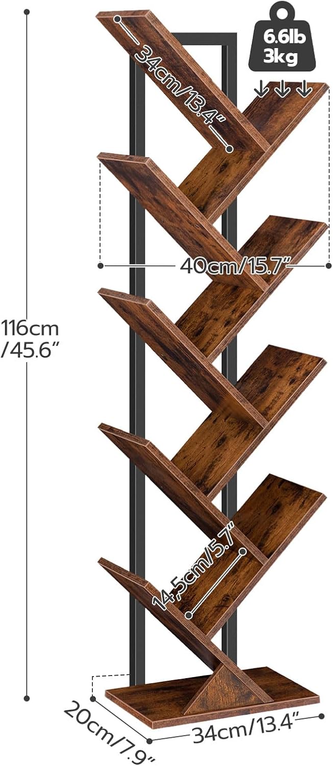 HOOBRO Tree Bookshelf Tall, 9-Tier Floor Standing Book Shelf, Tall Bookcase with Wooden Shelves for CDs Albums, Metal Frame, for Living Room, Kitchen, Home Office, Industrial, Rustic Brown EBF08SJ01