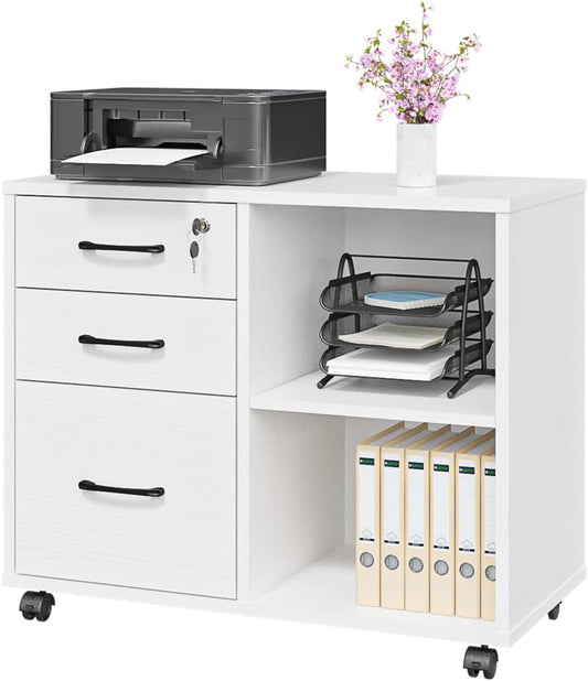 Panana 3 Drawer Office File Cabinets, Mobile Lateral Printer Stand with Open Storage Shelf, Rolling Filing Cabinet with Wheels Home Office Organization and Storage (White)