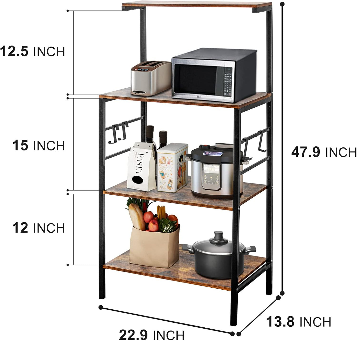 Sasoiky Bakers Rack for Kitchen,4-Tier Kitchen Storage Shelf Rack,Microwave Cart Coffee Bar Microwave Stand Rack with 4 Hooks,Bakers Racks for Kitchens with Storage(Rustic Brown)