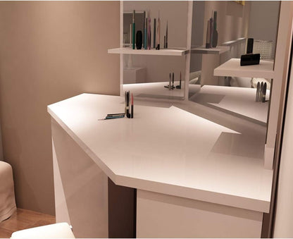 Panana Corner Dressing Table Makeup Desk Bedroom Dresser Table Furniture With Mirror Makeup Stool Set (White)