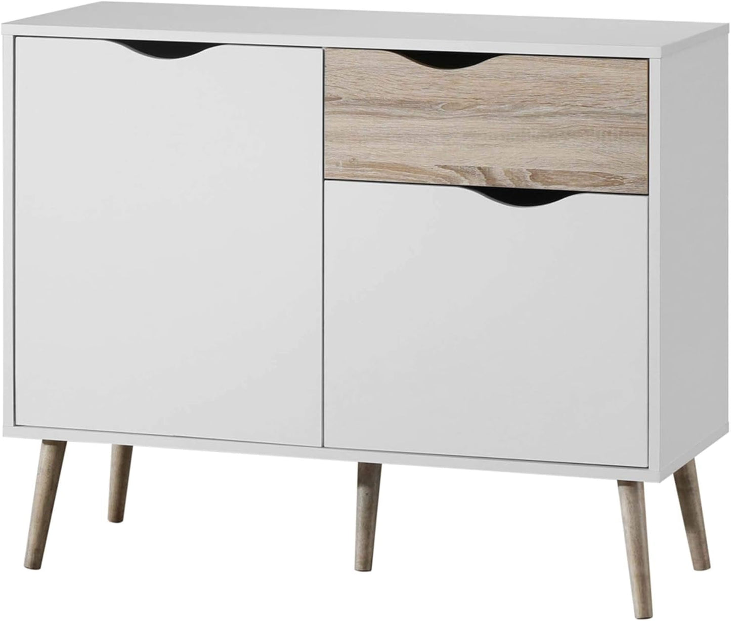 VonHaus Sideboard White & Oak Effect - Small Compact Sideboard Cabinet with 3 Storage Drawers & Cupboards – Nordic Scandi Style Furniture with Tapered Legs - Living Room, Lounge, Home Office & Hallway