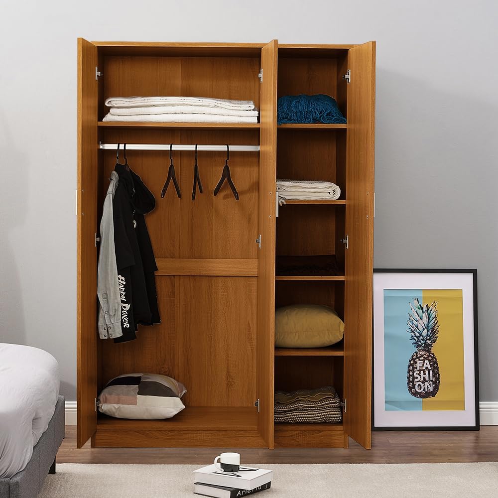 Panana Modern 3 Doors Wardrobes Matte Solid Pine Wood Wardrobe with Hanging Rail Home Bedroom Furniture (Wood1)
