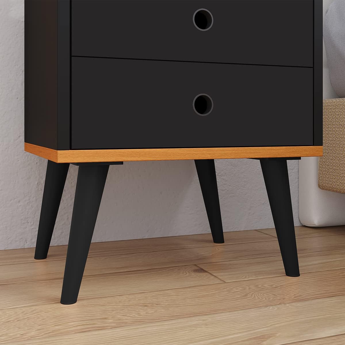 Lojas RPM Bedside Table Bedroom Dream 2 Drawers with Feet Retro Style - Black/Cinamomo