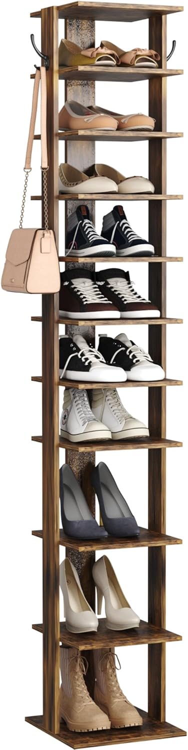 HOME BI Narrow Shoe Rack, 10-Tier Wood Shoe Shelf, Vertical Shoe Storage Cabinet, Entryway Shoe Tower, Shoes Organizer Perfect for Narrow Closet, Hallway, Bedroom, Rustic Brown