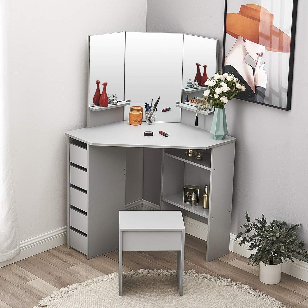 Panana Dressing Table MDF Corner Makeup Table with 3 Mirrors, 5 Drawers, 1 Compatiment and Bedroom Stool, 109 cm (L) x 55 cm (W) x 140 cm (H) (Grey)