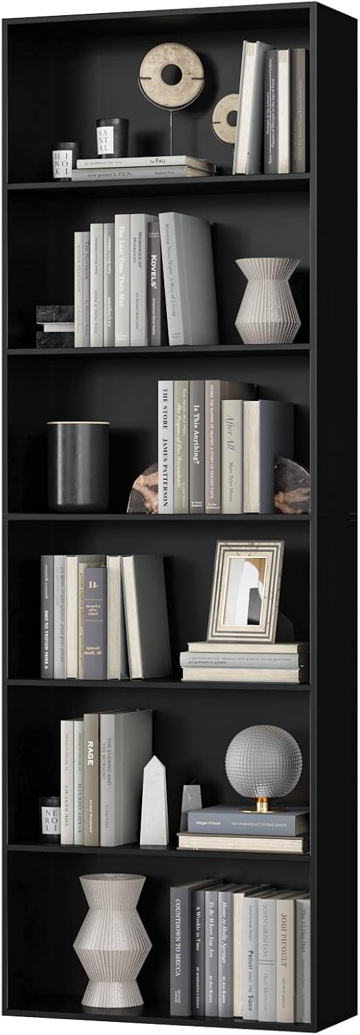 FirFurd Bookcase 6 Tiers Bookshelf Black Tall Display Shelf Freestanding Wooden Storage Unit for Living Room Bedroom Office 60x23.5x180cm