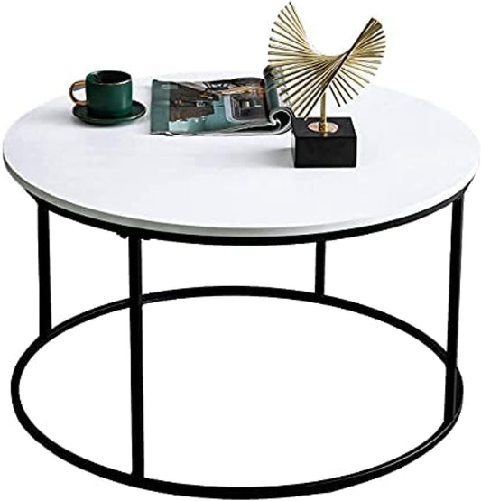 White Round Coffee Table for Living Room, Bedroom and Office, Modern Cocktail Table, Accent Side Sofa Table with Wooden Top & Metal Frame, Sturdy and Stylish, 31.5 Inch