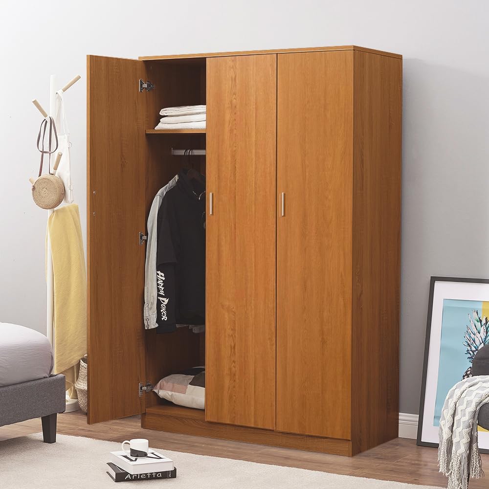 Wooden 3 Door Wardrobe with Shelf and Hanging Rail Modern Clothes Storage Cupboards Unit for Bedroom Furniture W 115.4 * D 50 * H 180cm (Oak Effect)