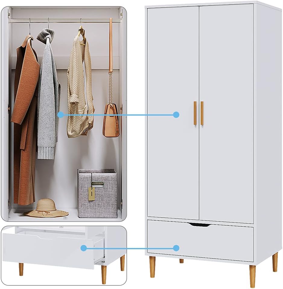 Panana Modern 2 Door Wardrobe Clothes Closet with Wood Leg Wooden Clothes Cabinet Furniture Unit with Hanging Rail Storage Drawer Bedroom White