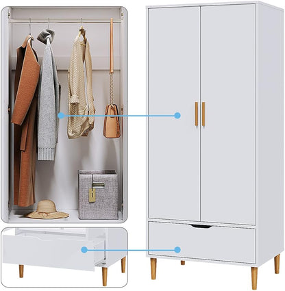 Panana Modern 2 Door Wardrobe Clothes Closet with Wood Leg Wooden Clothes Cabinet Furniture Unit with Hanging Rail Storage Drawer Bedroom White