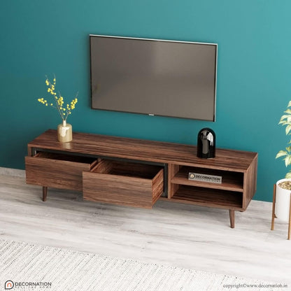 DecorNation Akiwa Solid Wood TV Unit Table - One Compartment with with 2 Drawers and Shelf for Living Room, Bedroom, Office Furniture Stand (63 x 14 x 16 inches, Natural Finish)