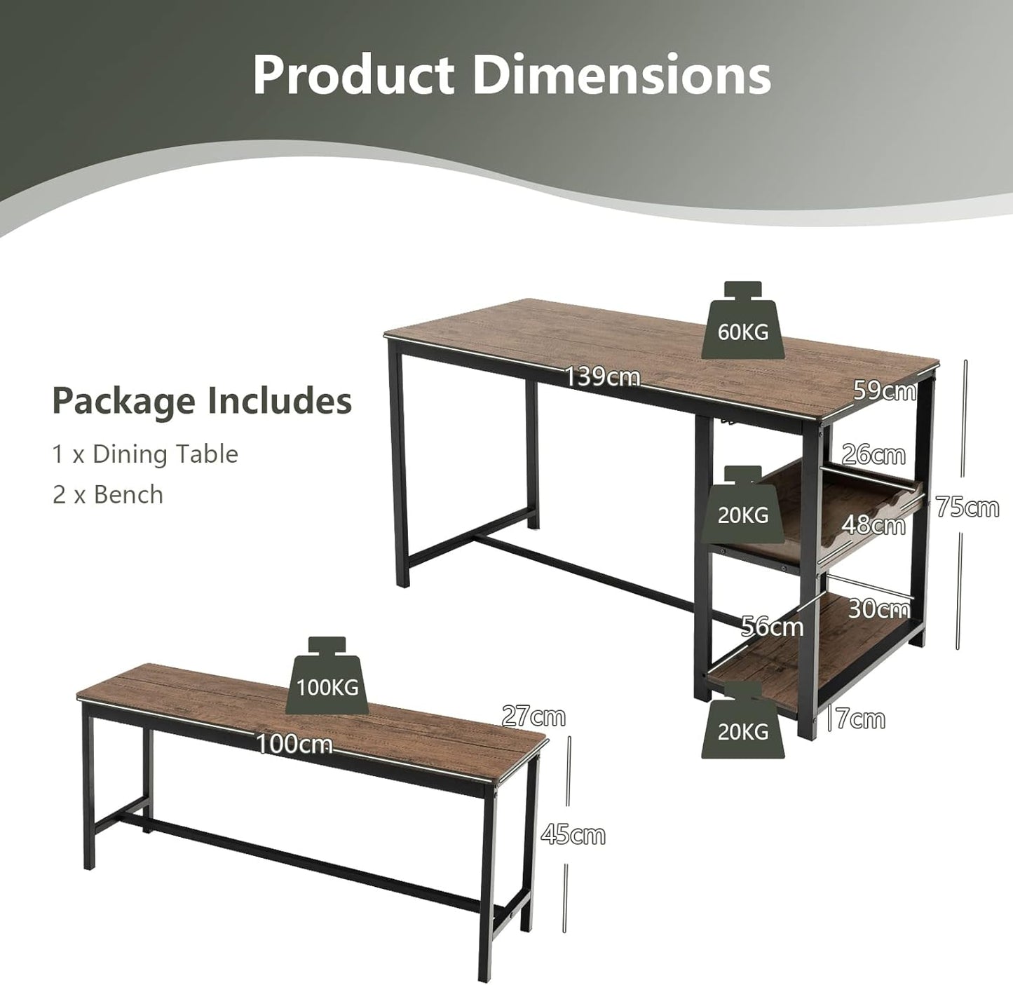 TANGZON Dining Table and 2 Bench Set, 3 Pieces Kitchen Dining Table Set with Wine Rack, Glass Holder & Storage Shelf, Space-Saving Breakfast Dining Furniture for Home Living Room Restaurant (Wooden)
