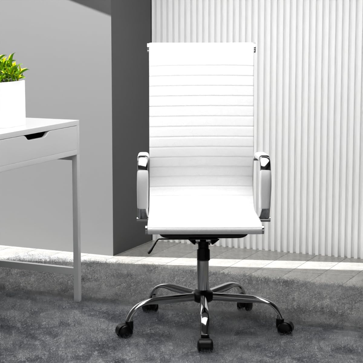 Mahmayi Ultimate 031L Eames Replica Ribbed PU Chrome High-Back Ergonomic Office Chair with Height Adjustable Seat - Complete Comfort for Your Workspace (High Back, White)