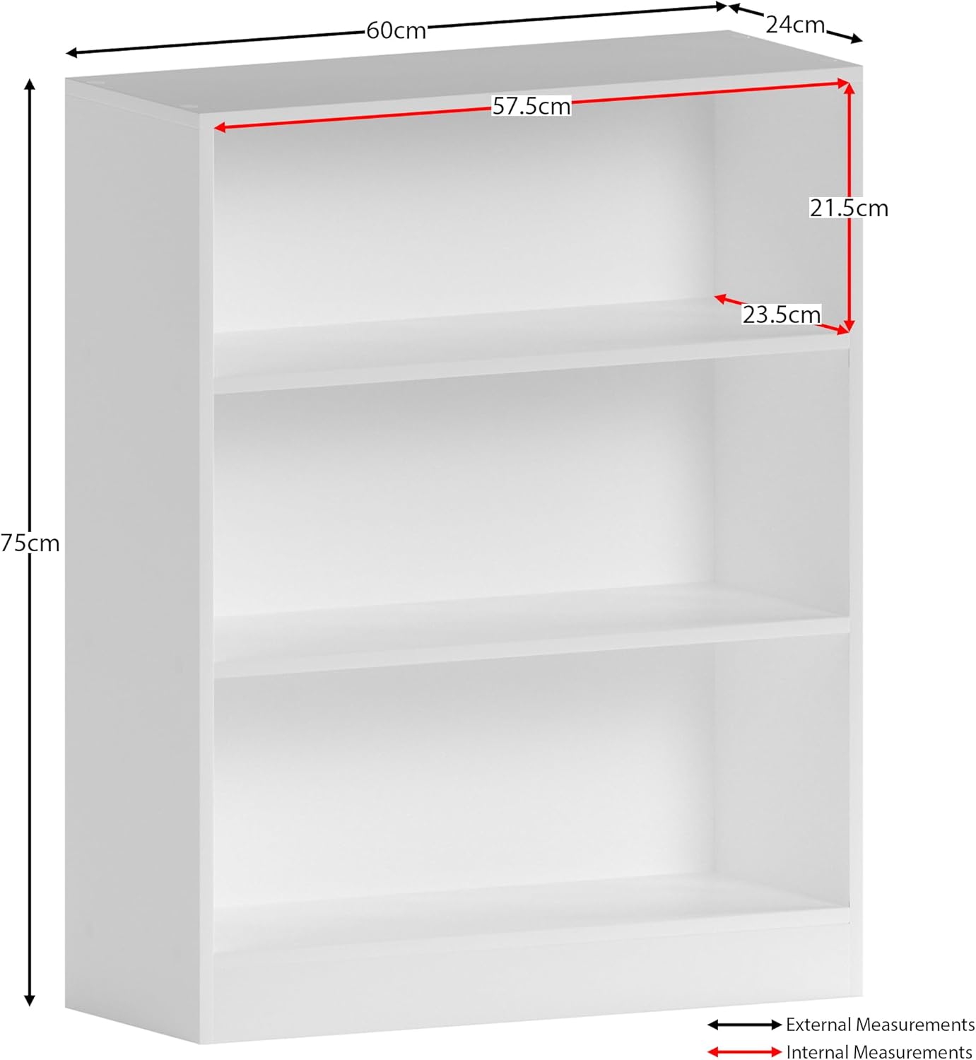 Vida Designs Cambridge 3 Tier Low Bookcase, White Wooden Shelving Display Storage Unit Office Living Room Furniture