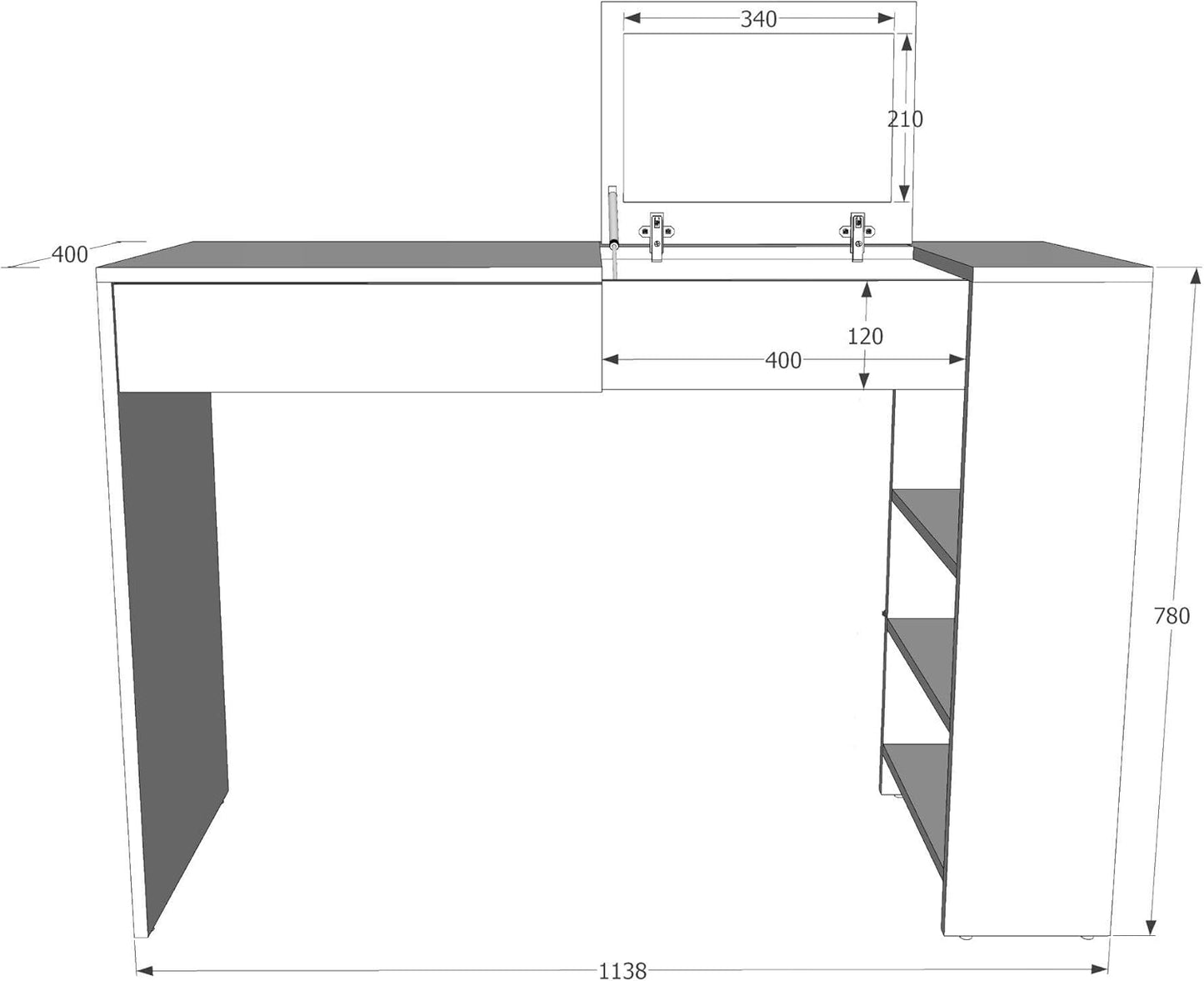 MATKAM Opera Maxi Schminktisch H 78 x B 114 x T 40 cm, mit ausklappbarem Spiegel H 21 x B 34 cm mit Ablage, 3 seitliche AblagefÃ¤cher, 1 Schublade, aus laminierter Holzspanplatte (WeiÃŸ)