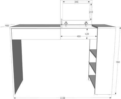 MATKAM Opera Maxi Schminktisch H 78 x B 114 x T 40 cm, mit ausklappbarem Spiegel H 21 x B 34 cm mit Ablage, 3 seitliche AblagefÃ¤cher, 1 Schublade, aus laminierter Holzspanplatte (WeiÃŸ)