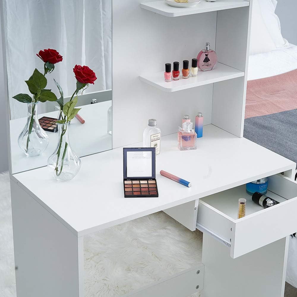 Panana Dressing Table White with a Large Mirror, Makeup Vanity Bedroom Dresser Set with 1 Drawers & 3 Shelves for Ample Storage (Style1)