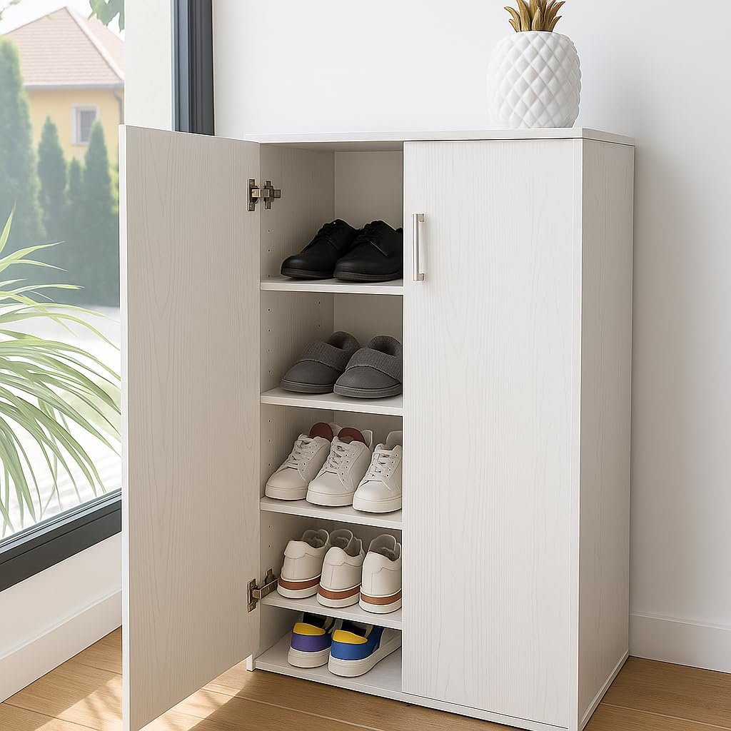 DUPI Shoe Cabinet Bookcase with Two Doors | Minimalist Design | 5 Shelves for 24 Shoes | MDF Wood | White Shoe Rack for Narrow Entrance, White, 60 x 32.5 x 124 cm