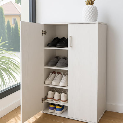 DUPI Shoe Cabinet Bookcase with Two Doors | Minimalist Design | 5 Shelves for 24 Shoes | MDF Wood | White Shoe Rack for Narrow Entrance, White, 60 x 32.5 x 124 cm