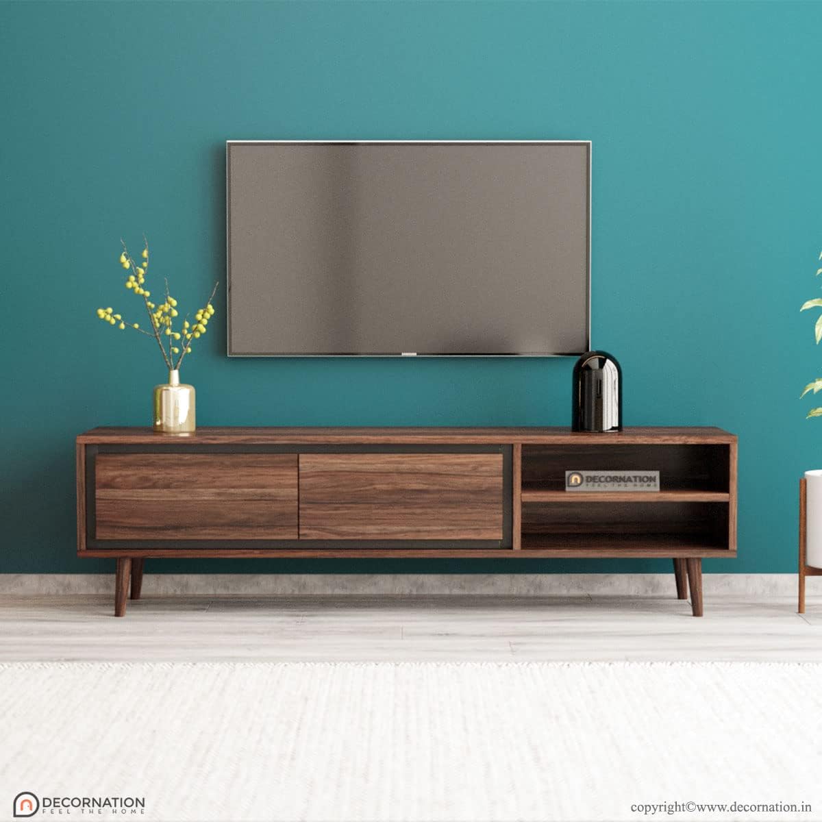 DecorNation Akiwa Solid Wood TV Unit Table - One Compartment with with 2 Drawers and Shelf for Living Room, Bedroom, Office Furniture Stand (63 x 14 x 16 inches, Natural Finish)
