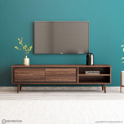 DecorNation Akiwa Solid Wood TV Unit Table - One Compartment with with 2 Drawers and Shelf for Living Room, Bedroom, Office Furniture Stand (63 x 14 x 16 inches, Natural Finish)