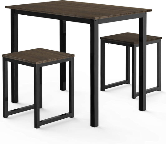 HOMOOI HOMURY 3 Piece Dining Table Set with Two Stools, Compact Kitchen Table for Kitchen, Dining Room, Dinette, Breakfast Nook, Dark Wood