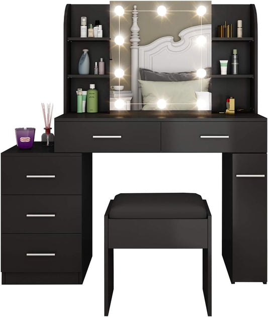 Dressing Table Set Makeup Table Set with LED Lights, Mirror, 5 Drawers Vanity Makeup Table Set with Cushioned Stool Vanity Table for Girls Bedroom (Black)
