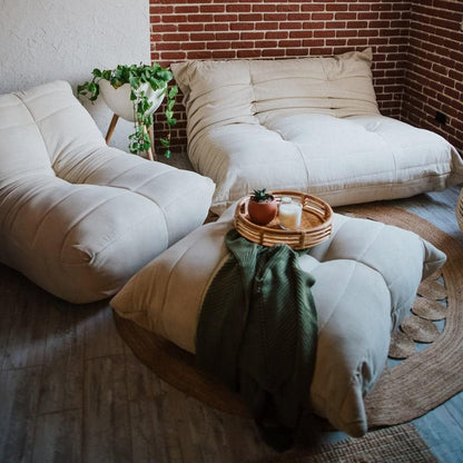 Ariika Mellow Couch Begie Indoor 130W x 102L x 80H, crafted to high standards for ultimate comfort, with memory foam and high-density sponge cushion seating.