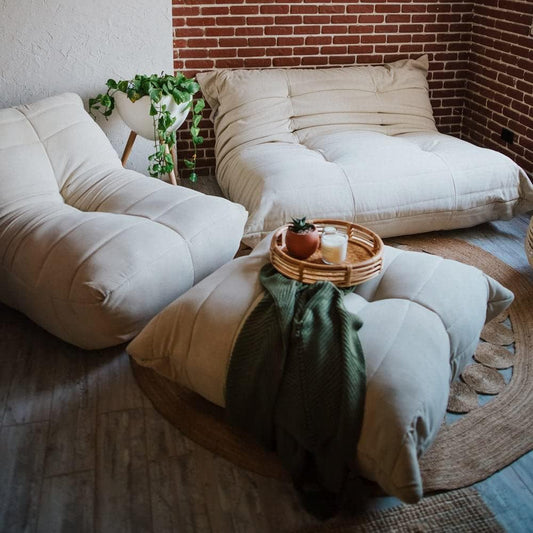 Ariika Mellow Couch Begie Indoor 130W x 102L x 80H, crafted to high standards for ultimate comfort, with memory foam and high-density sponge cushion seating.