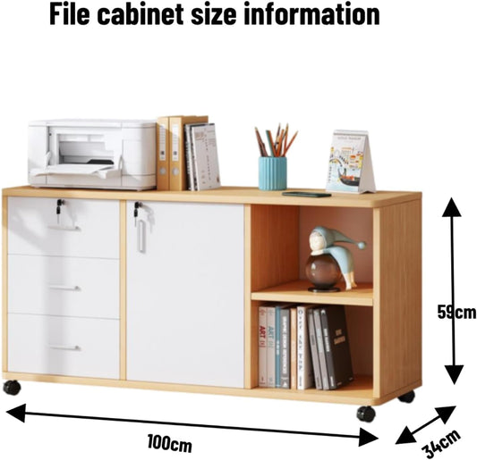 EOGILY 3 Drawer Mobile File Cabinet with Lock, Large Lateral Filing Cabinet, Drawer Storage Cabinet with Wheels，Printer Stand with Open Storage Shelf Adjustable Shelves for Home, Room, Small Spaces