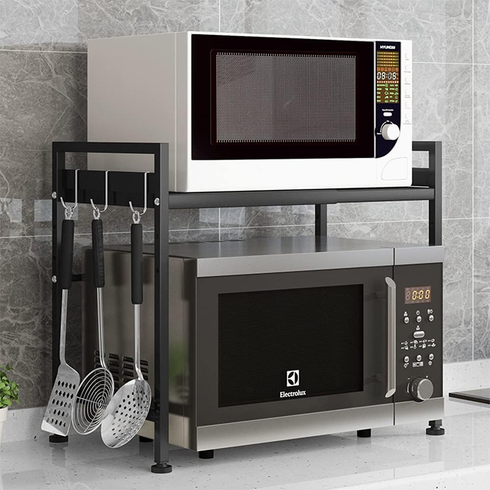 Peniogar Microwave Shelf 2 Tier Expandable and Height Adjustable Microwave Oven Rack Oven Countertop Stand Kitchen Counter Shelf with 3 Hooks Black