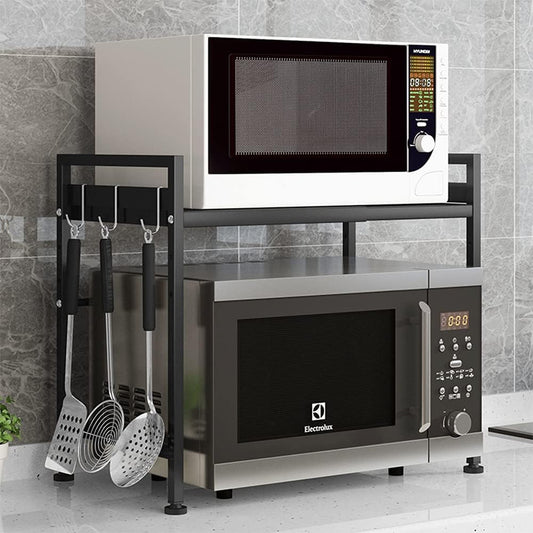 Peniogar Microwave Shelf 2 Tier Expandable and Height Adjustable Microwave Oven Rack Oven Countertop Stand Kitchen Counter Shelf with 3 Hooks Black